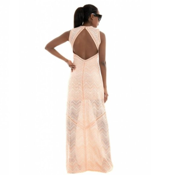 GUESS | Maxi Light  Salmon Backless Side Slit Macramè Janet Dress (Size L) - Picture 4 of 16